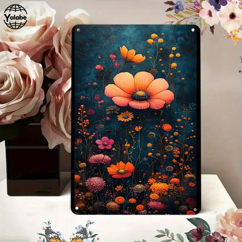 [2D Flat] Two-Piece Set of Vintage Floral Tin Paintings - Aesthetic Flower Patterns on a Dark Background, Nostalgic Metal Mural