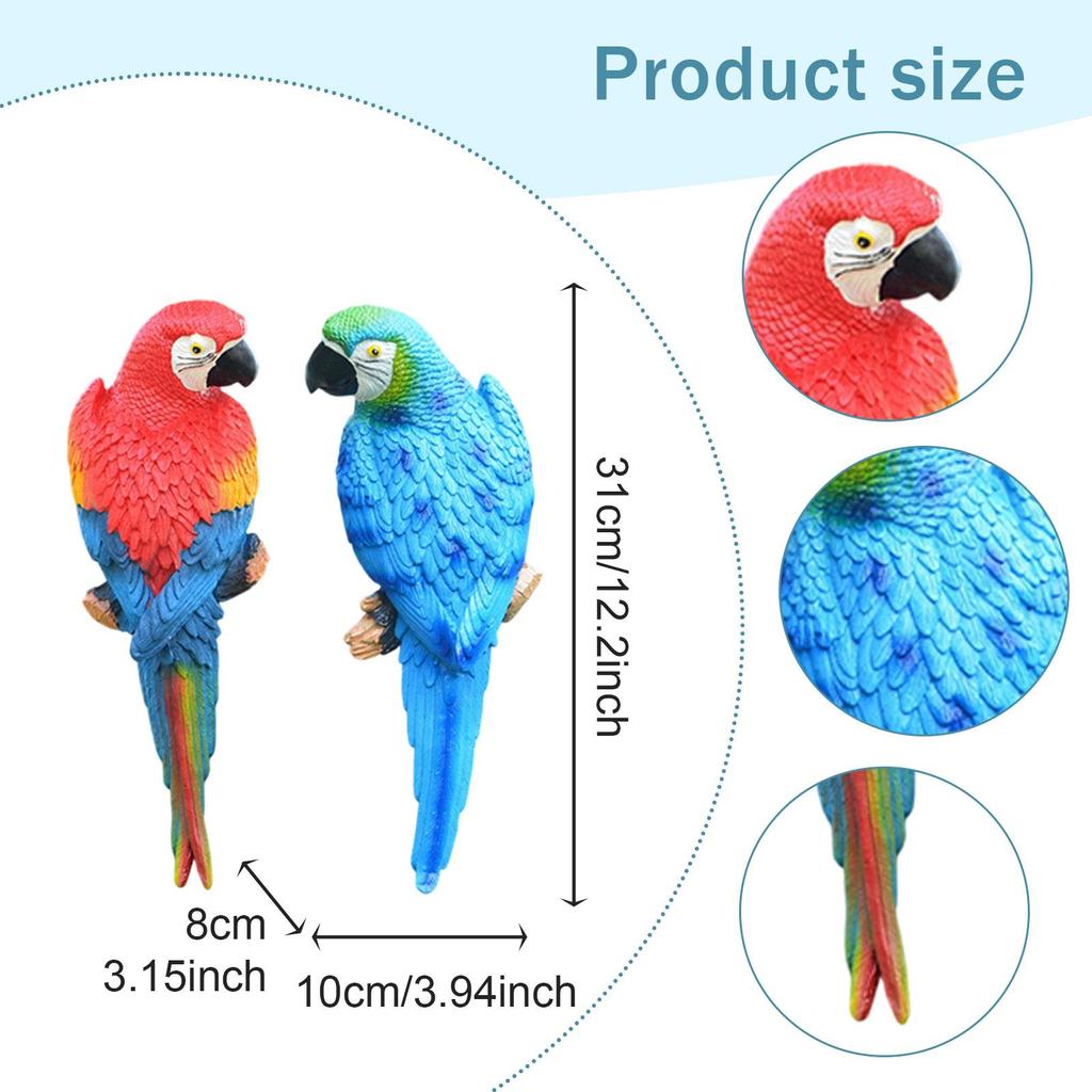 2x Parrot Figurines Tree Decor Decorative Art Crafts Garden Statues Tree Ornaments for Patio Balcony Backyard Porch Outdoor