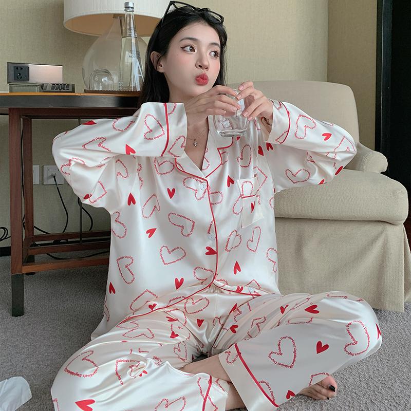 Pajamas Women's Satin Long-sleeved Pajamas Pajamas Suit Flower Printed High-grade Ice Silk Can Be Worn Outside Home Wear Pajamas