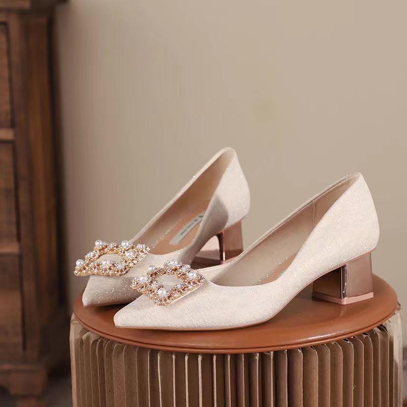 Size 34-42, large size women's shoes single shoes women's new pointed champagne single shoes French thick heel square diamond high heels 41
