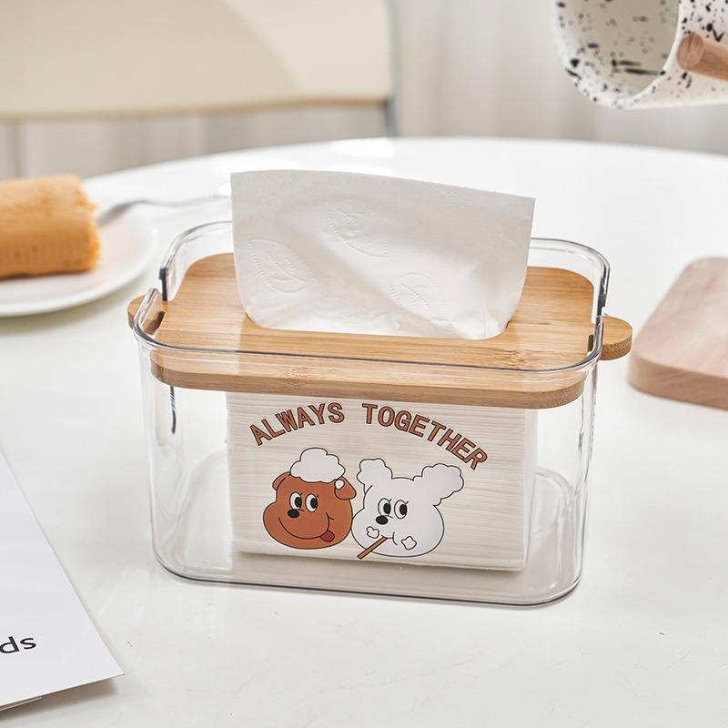Transparent Tissue Box Dog Pattern Wood Lid Rounded Edge Minimalist PET Smooth Surface Napkin Box for Kitchen