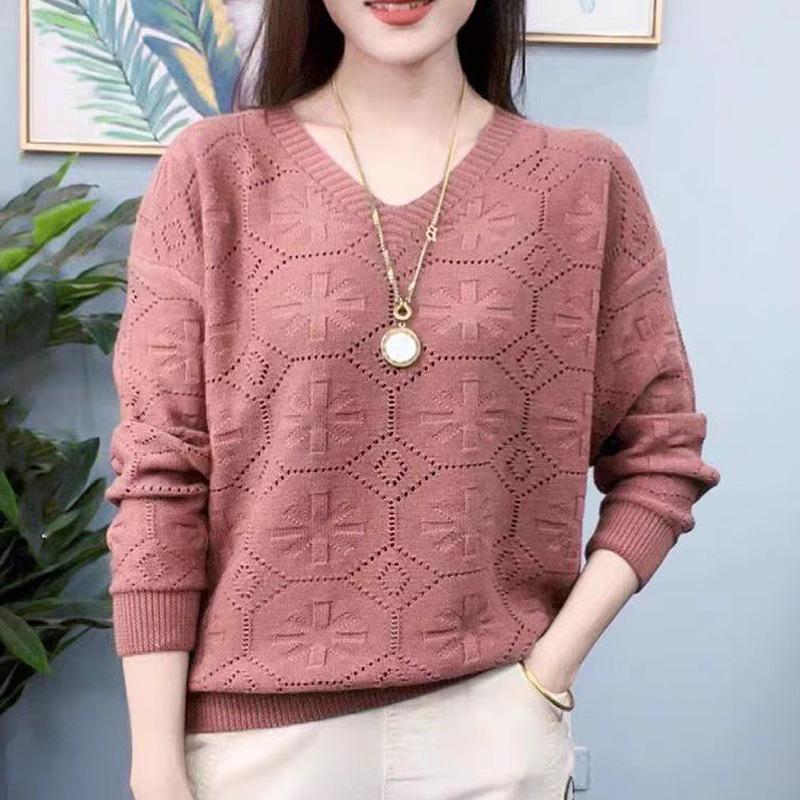 

Женский трикотажный свитер с V-образным вырезом и длинными рукавами, весенне-осенний женский ажурный пуловер 3XL