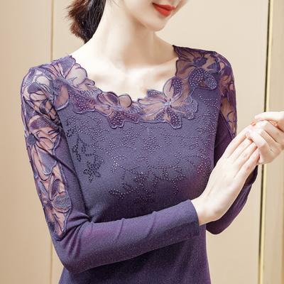 Women Tops Round Neck Long Sleeve Mesh Lace Embroidery Pullover Tops Solid
