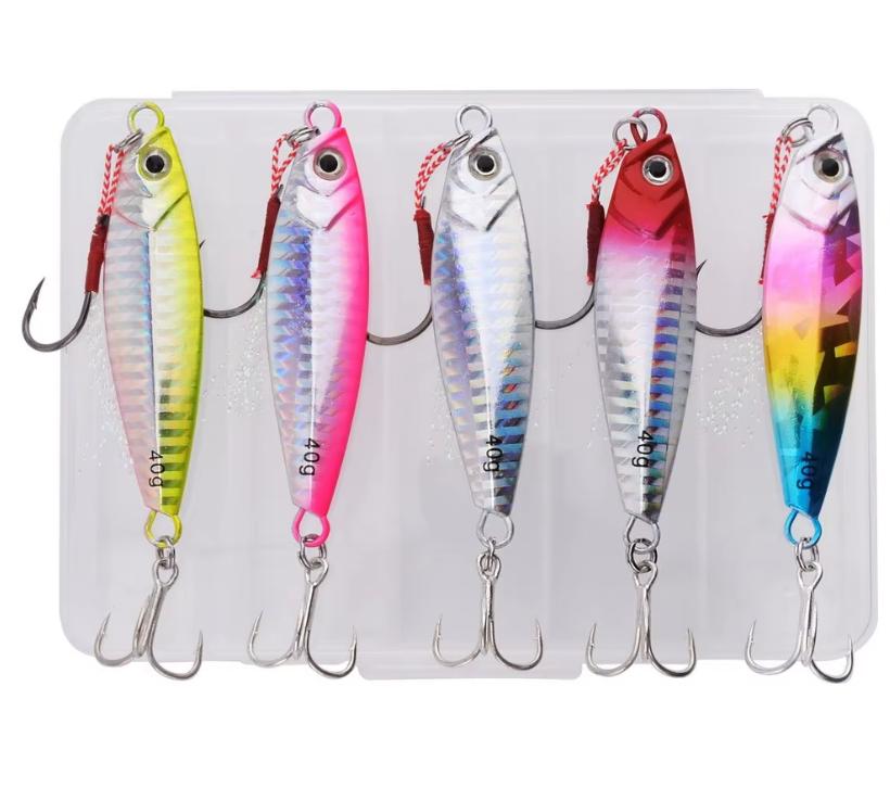 5 Pieces Boxed Artificial Hard Bait Lead Fish Jigs with Blood Groove Hooks for Bass & Trout Ocean Boat Fishing Slow Jigging