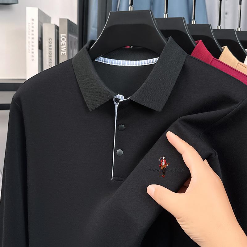 

Men s Lapel Long Sleeve T-Shirt Autumn Solid Color Cartoon Embroidery Top High-End Business Casual Menswear 4XL чорний