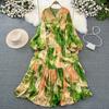 High-end Celebrity Temperament Lantern Long-sleeved V-neck Waist Thin A-word Printed Dress Elegant Pendulum Long Skirt