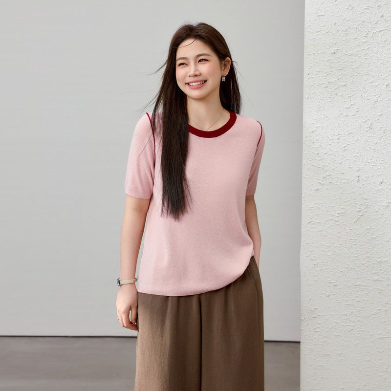 

[Ke Lu Li Wear] Contrast Color round Neck Shoulder Slimming Sweater Qlx Plus Size Women s Clothing Plus Size Ladies Summer New Arrival Pink 2XL