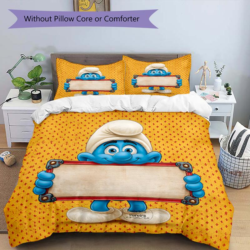 3pcs Duvet Cover Set (1*Duvet Cover + 2*Pillowcase, Without Core), Blue Smurfs Print Bedding Set, Bedroom Decor, All‑Season, Birthday Gift