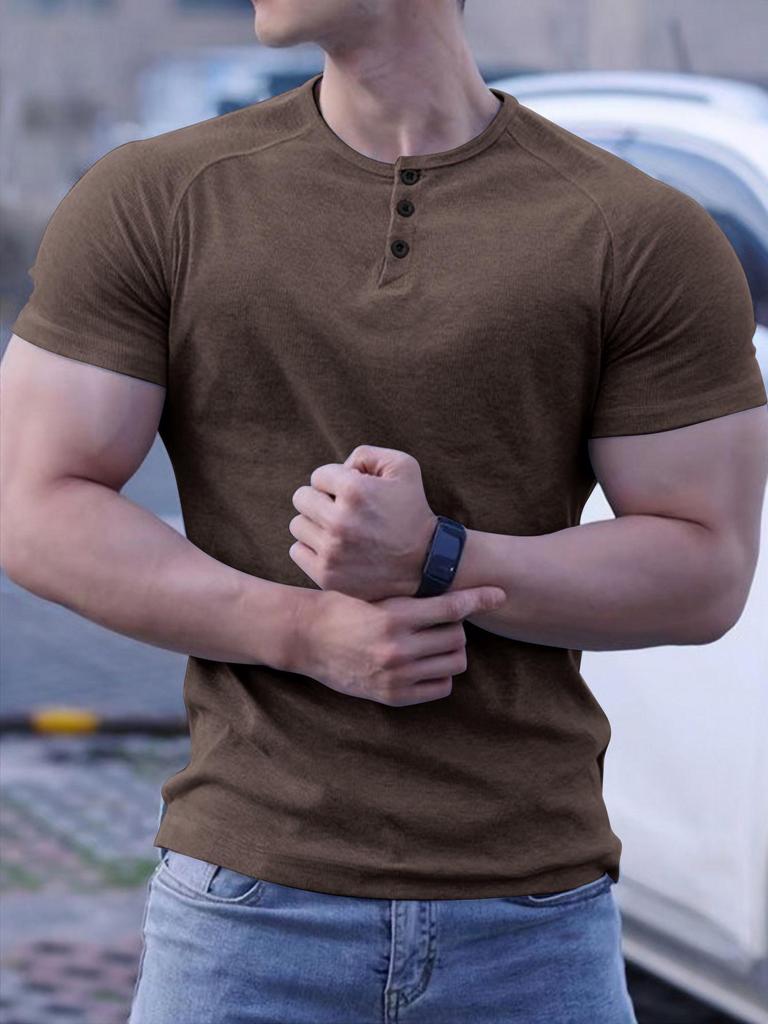 2024 Men's Semi-Tight Henley Fitness Shirt - Solid Color Striped Stretch Short Sleeve Athletic Top