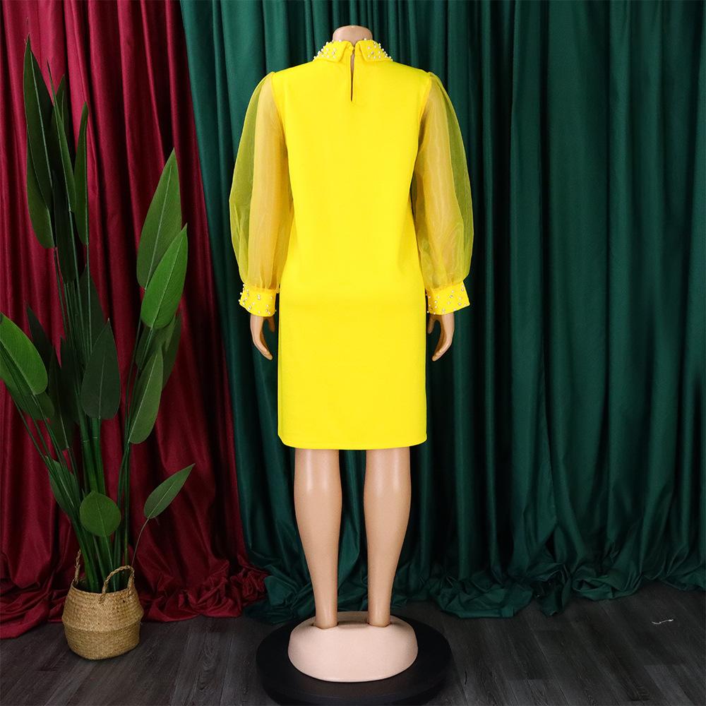 YYFS Damenmode Frühling Herbst Einfarbig Druck Langarm POLO Hals Lose Taille Casual Kleider