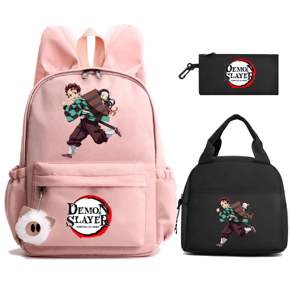 3Pcs/set Anime Demon Slayer Printed Backpack Lunch Bag Pencil Case for Student Schoolbag Girl Women Large Capacity Waterproof Travel Bag Gift