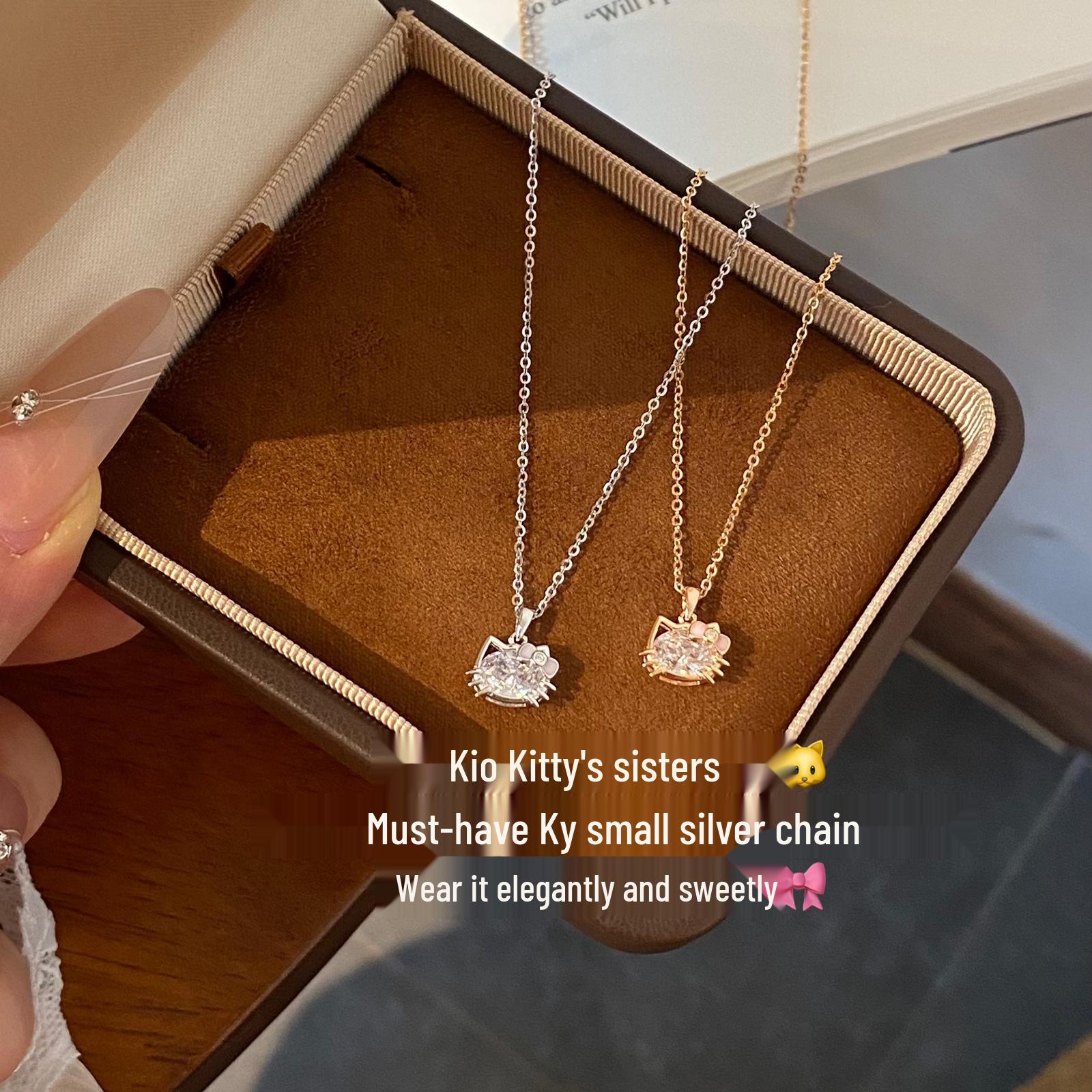 

S925 Sterling Silver Pink Bow Cat Necklace with Full Diamond Clavicle Chain for Women 925 Silver серебряный