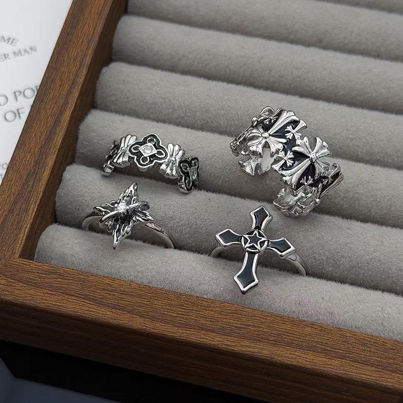 Diablo Clover Cross Personality Punk Style Open Ring Female Starlight Zircon Fashion Index Finger Ring