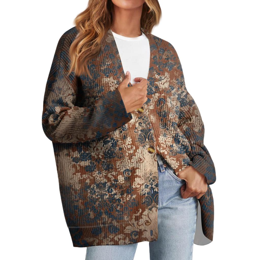 Women's Fashion Long Sleeve Print V-Neck Button Loose Cardigan Top