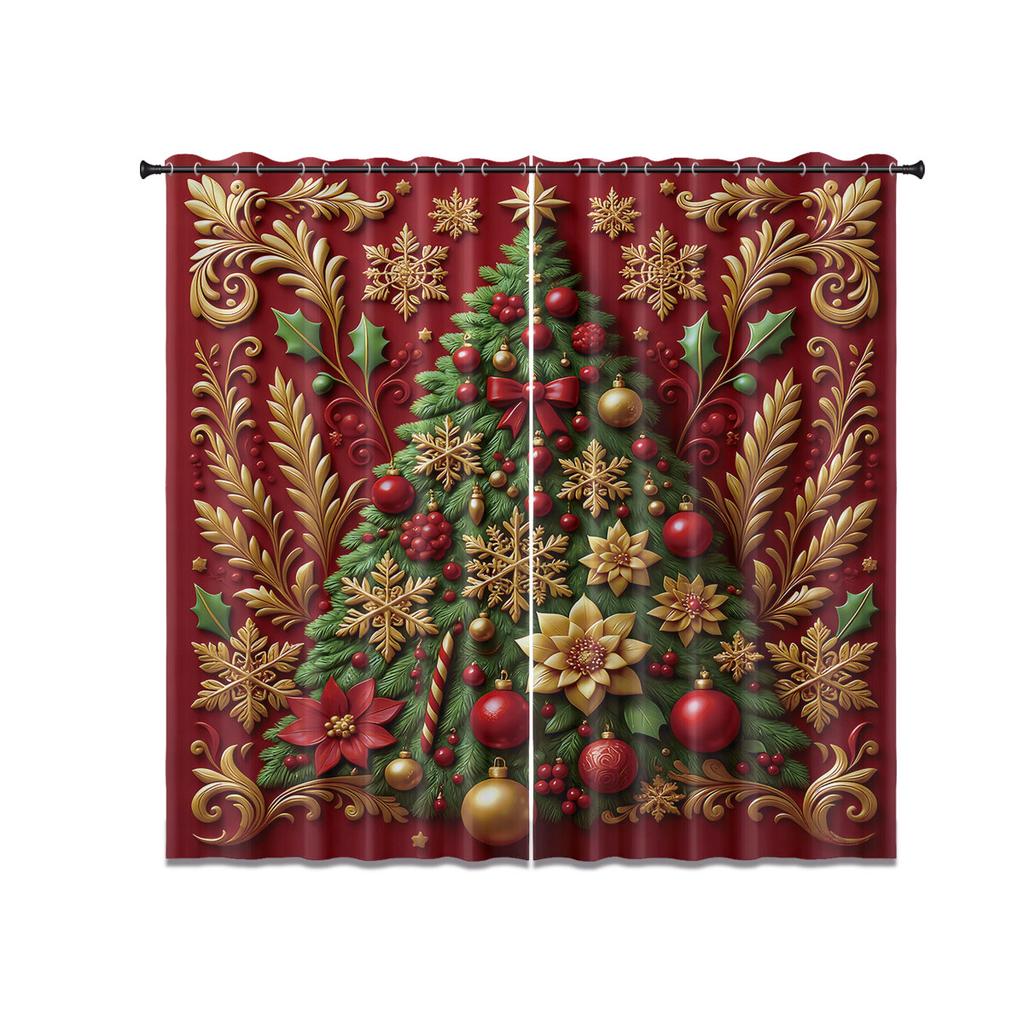 2pcs red Christmas tree print blackout curtains insulation multiple sizes for living room holiday decoration   machine washable