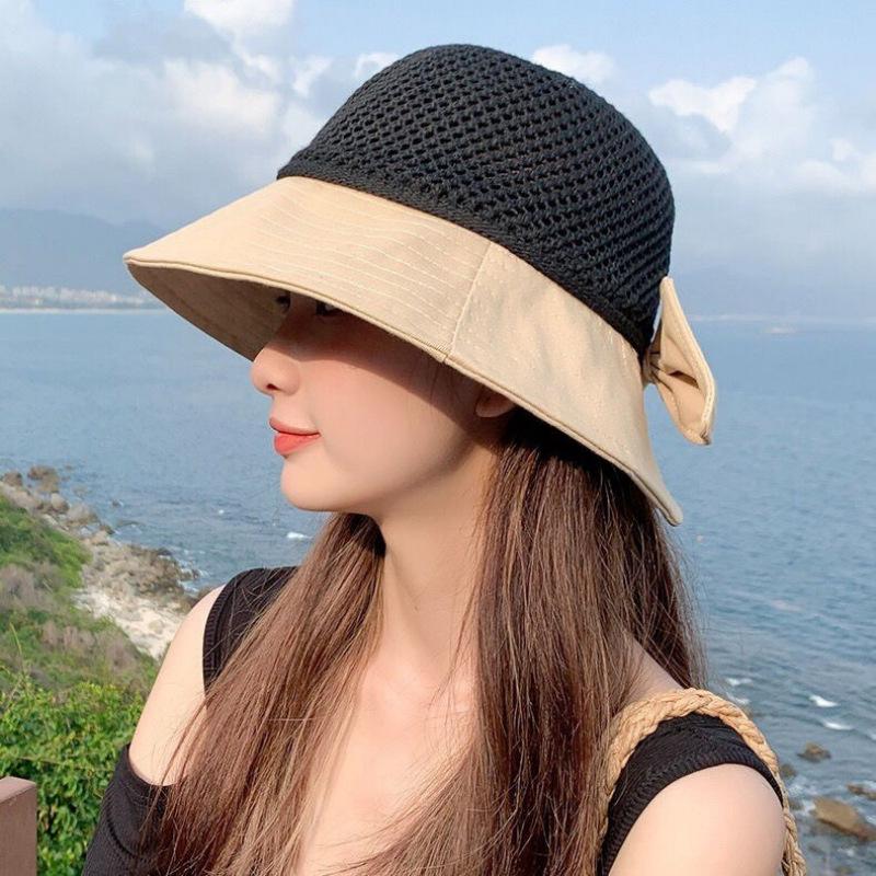 

Big brim sunscreen hat women s spring summer fashion sunshade mesh woven bucket hat bow versatile sun hat абрикосовый