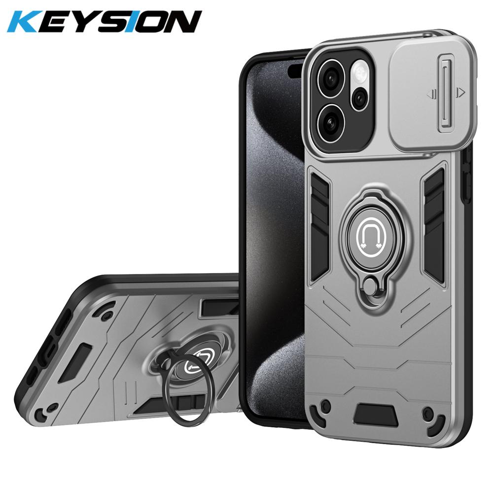 

KEYSION Shockproof Armor Case for OPPO Reno15 Pro 5G Slide Camera Lens Protection Ring Stand Phone Back Cover for OPPO Reno15 5G for Reno15 Pro 5G сірий