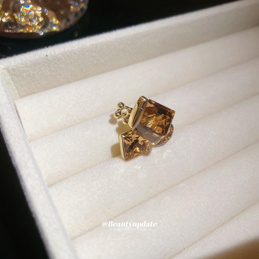 14k Gold Plated Diamond Studded Square Round Ear Clips - Vintage Luxury Fashion Earrings for Women