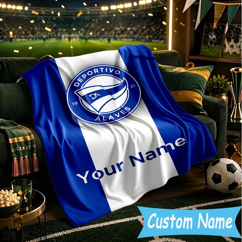 Custom Name Deportivo Alaves Emblem Flannel Blanket, Use for Birthday/Holiday Gift, Soft Blanket for Sofa/Bed/Camping/Office, Home Decor
