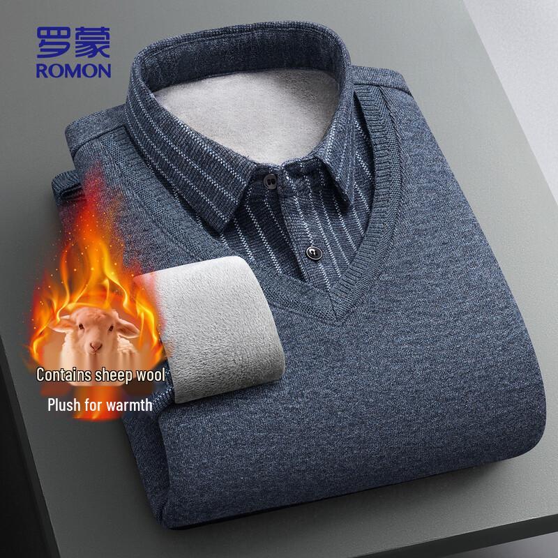 ROMON Men's Fleece-Lined Wool Blend Knit Shirt Collar Sweater
