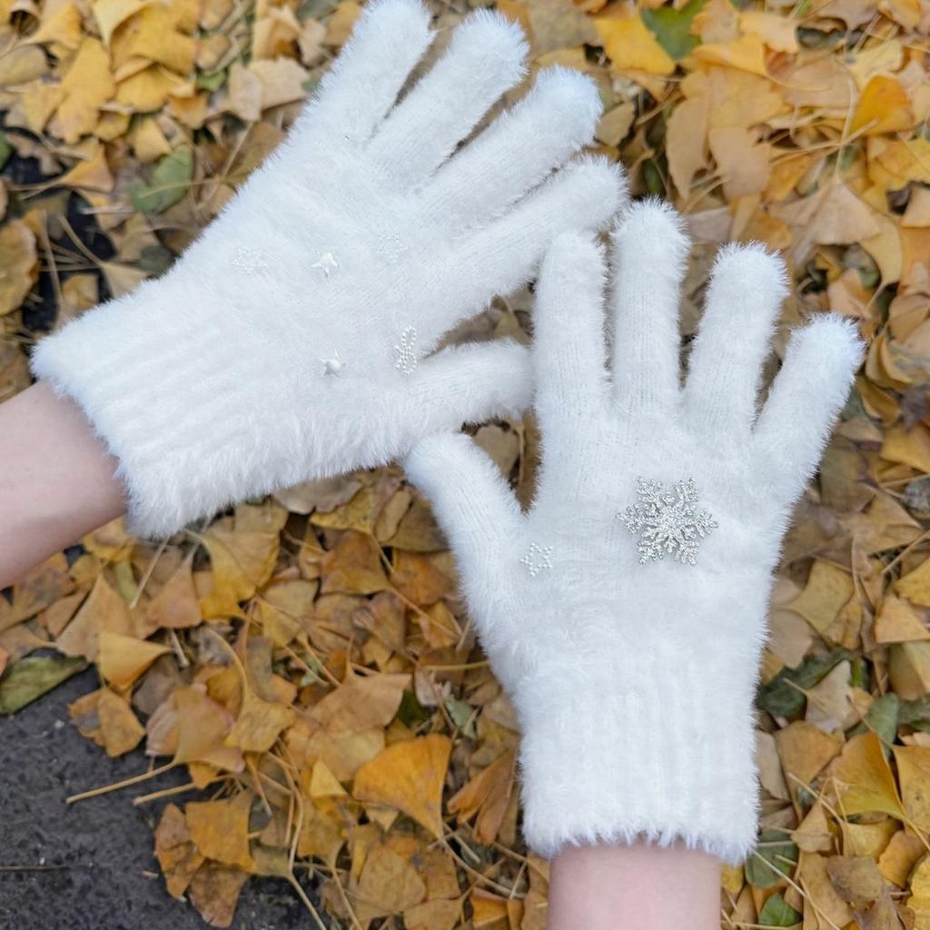Snowflake Full Finger Gloves for Women Fashion White Short Gloves Cashmere Like Gloves for Teens Girl Casual Hand Warmer