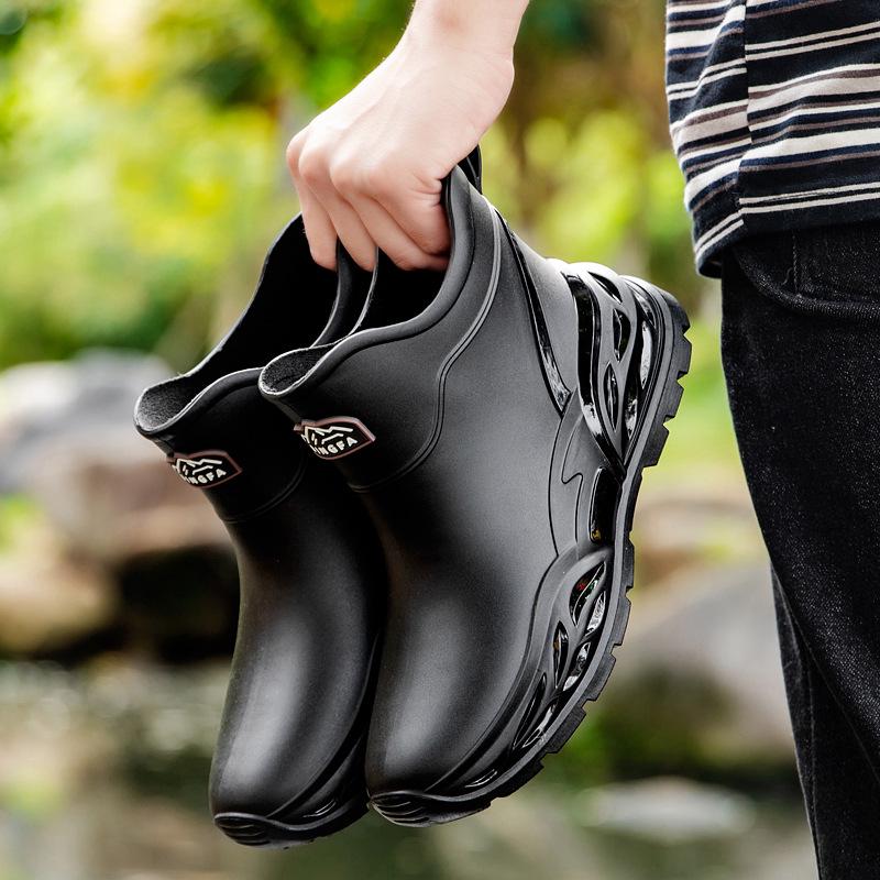 Men's Non-slip Waterproof Ankle Rain Boots - Fashionable, Wear-resistant Outdoor Rubber Shoes for Kitchen and Work.
