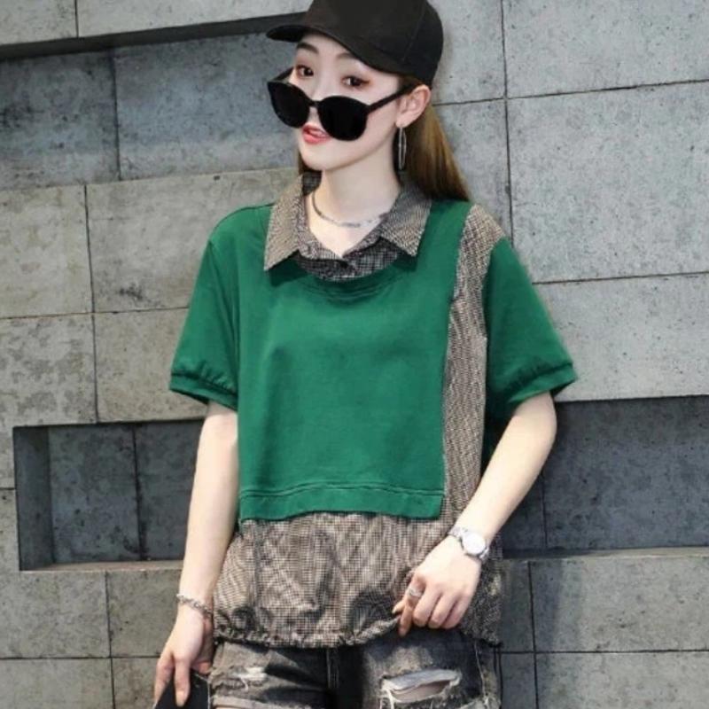 Summer New Plaid Splicing Short-sleeved T-shirt Women s Loose and Versatile Casual Top M зелёный