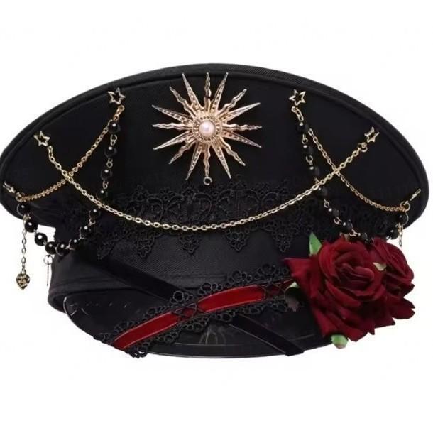 Cappello da Capitano Blu Navy Intarsiato di Strass, a Cilindro Piatto, con Ampia Visiera, per Cosplay e Fotografia