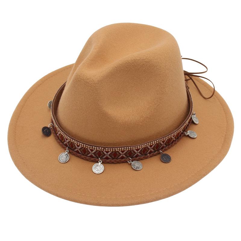 Ethnic Topper Hat Imitation Silver Accessories Felt Hat Jazz Hat Big Brim Stage Performance Hat
