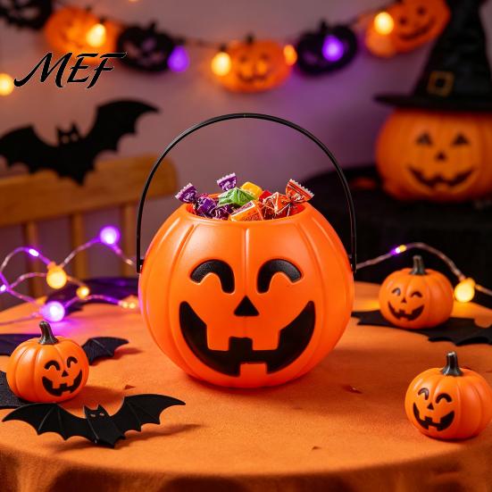 Festive Holiday Supplies Halloween Pumpkin Candy Bucket, Plastic Treat Holder with Handle, Ghostly Party Treats Favor Storage Container,Trick-or-Treat
