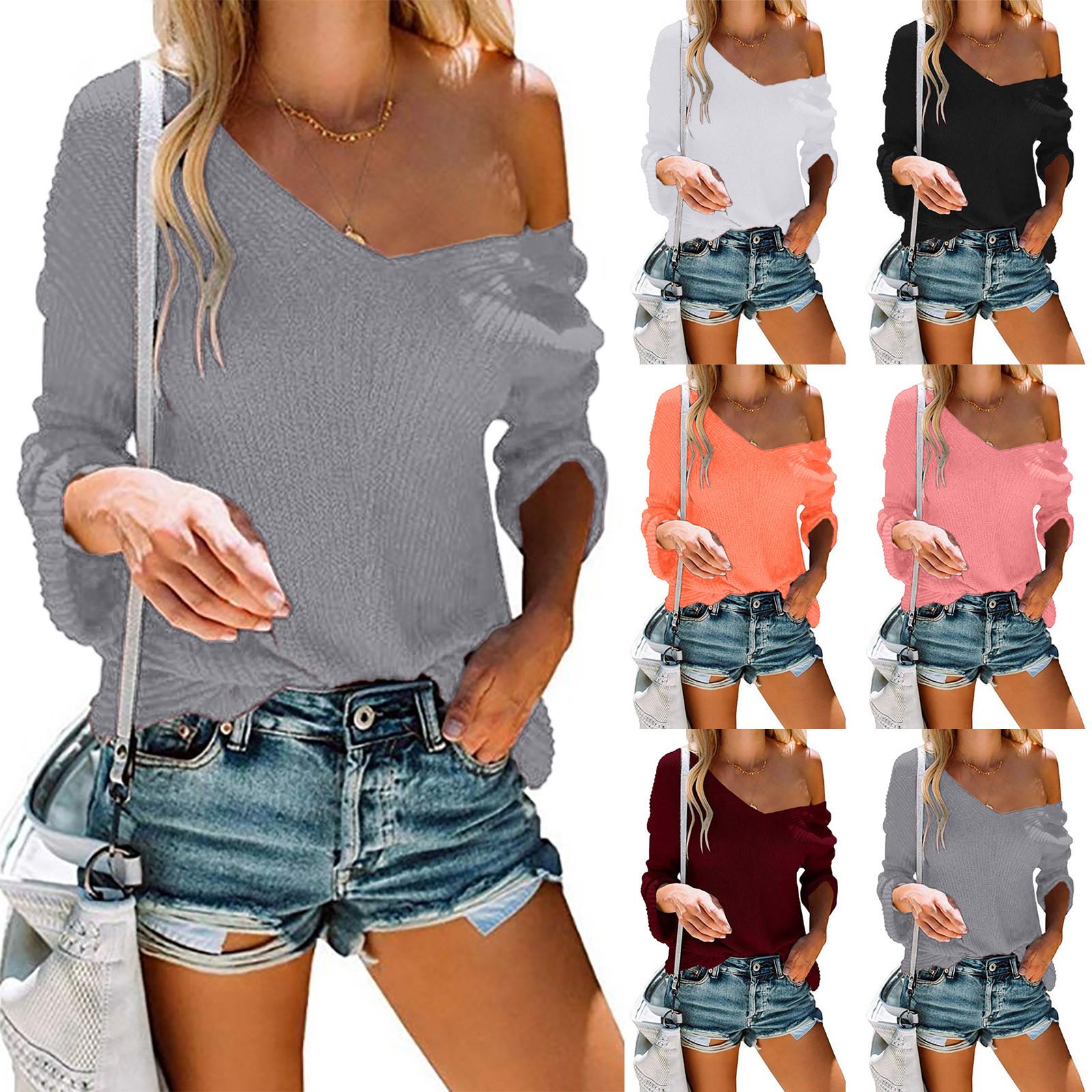 

Женский осенний модный повседневный однотонный вязаный топ с v-образным вырезом и наклонными плечами и длинными рукавами