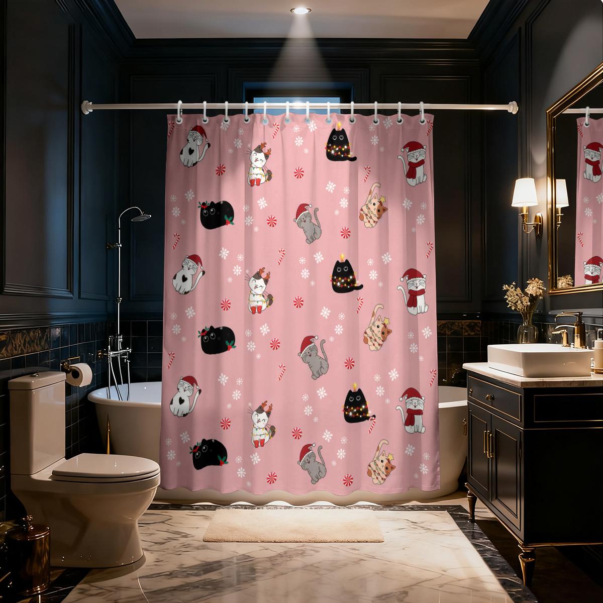 

1pc pink Christmas cat print waterproof shower curtain partition privacy hanging curtain with 12 hooks multiple sizes 90x180cm