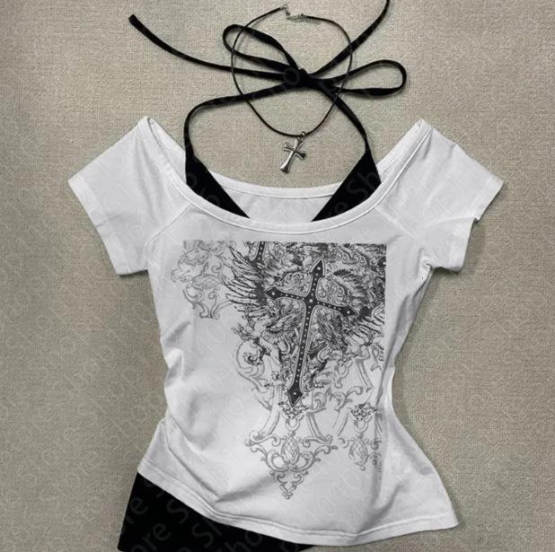 2026 Cross-border Sweet and Spicy Patchwork Punk T-shirt for Women - Irregular, Versatile Short-sleeved Top