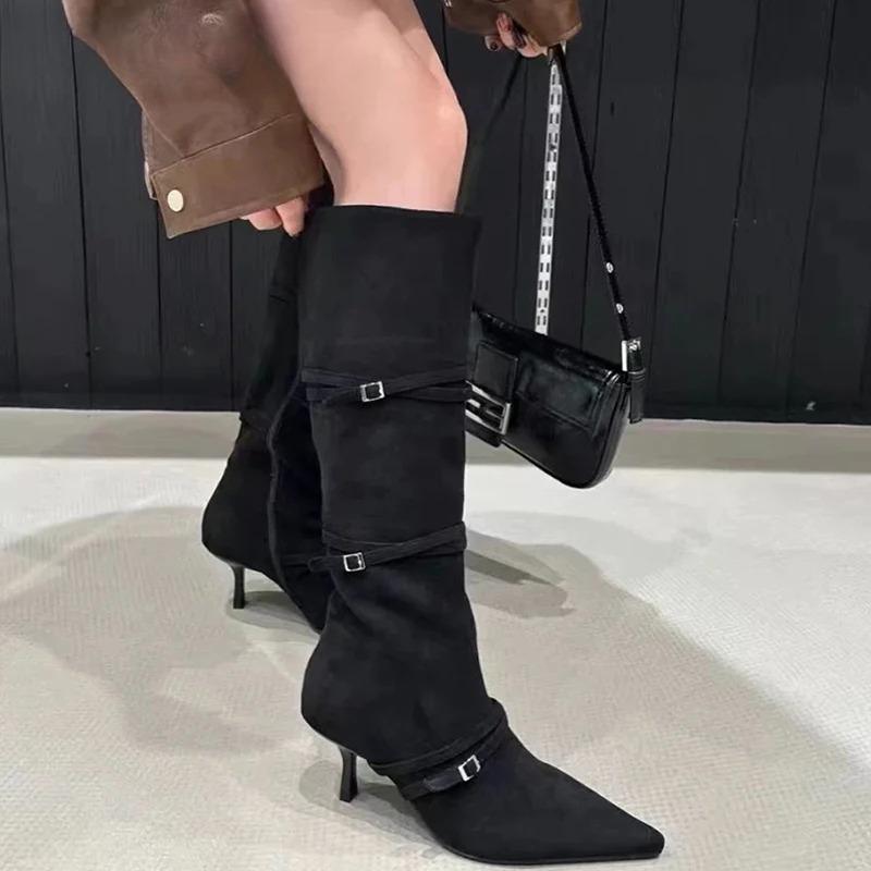 Vintage Suede Women Knee High Boots Fashion Pointed Toe Shoes Autumn Winter Thin Heel Ladies Short Plush Long Booties