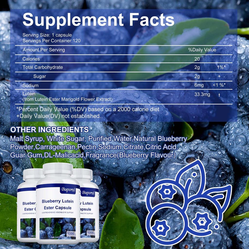 Buporai Blueberry Lutein Ester Eye Care Capsules provide comprehensive vision support and relieve eye fatigue.