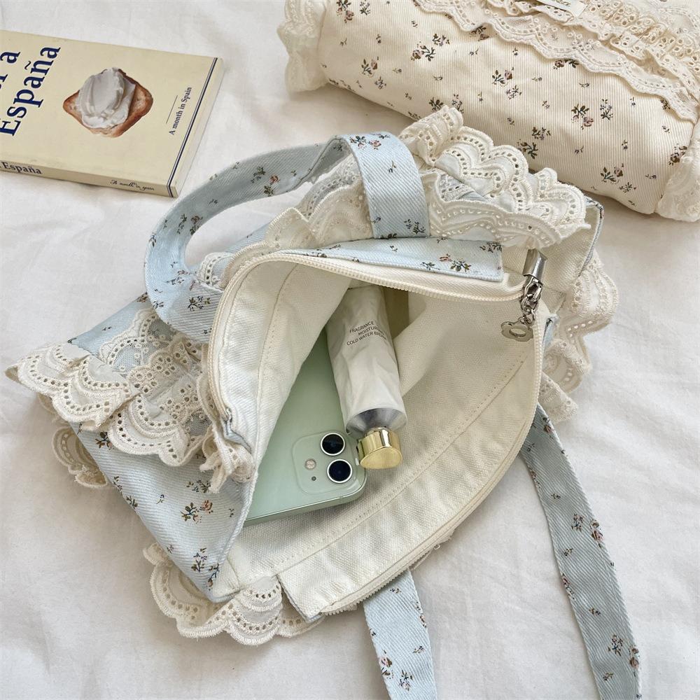 Lace Retro Flower Women's Canvas Shoulder Bags Vintage Floral Female Small Tote Bento Handbags Sweet College Girls Shopper Bag
