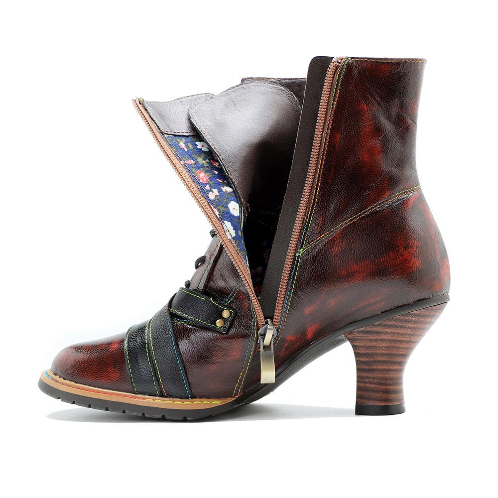 Johnature Fashion Genuine Leather Boots Women High-heeled Shoes Retro Rivet Short Boots