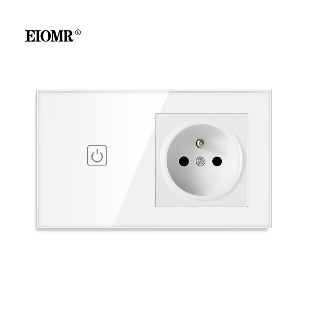 EIOMR France Touch Sensor Switch with Socket Crystal Glass Panel 110~250V 16A Wall Socket with Light Switch Home Improvement