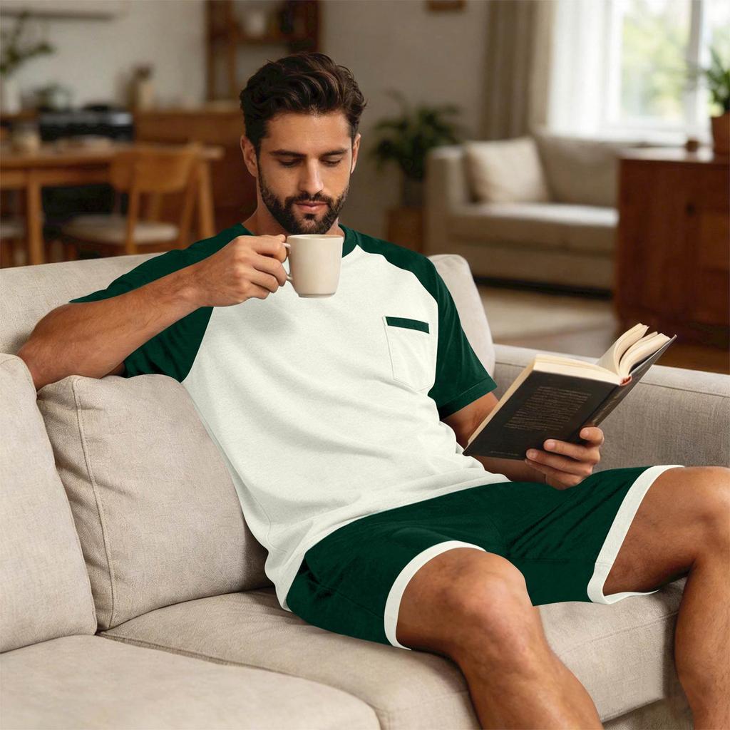 Herren Sommer-Pyjama-Set Kurzarm-Oberteil mit Tasche und passender Hose Leichte atmungsaktive Nachtwäsche Loungewear