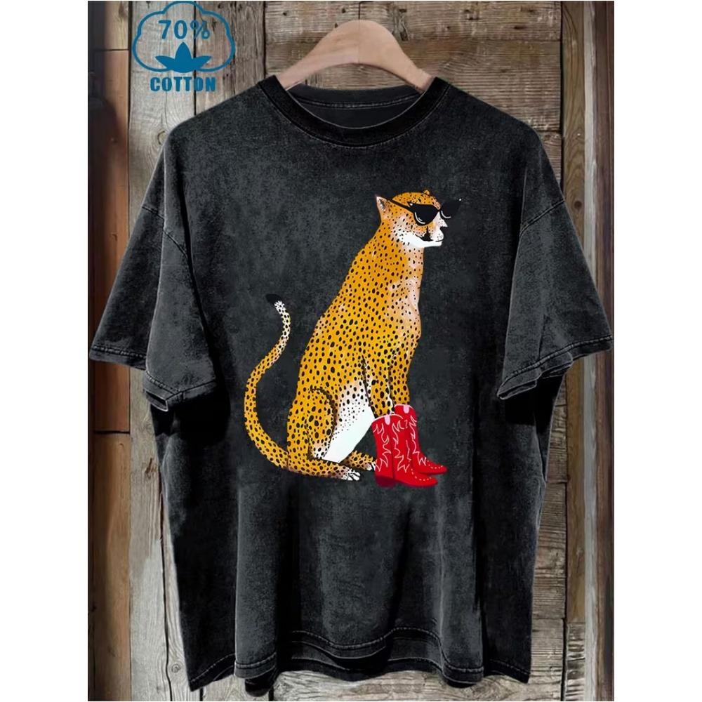 T-shirt Lavata Vintage Leopardo Giaguaro Nero Y2K Uomo Donna Y2k Streetwear Cotone Manica Corta Top Unisex