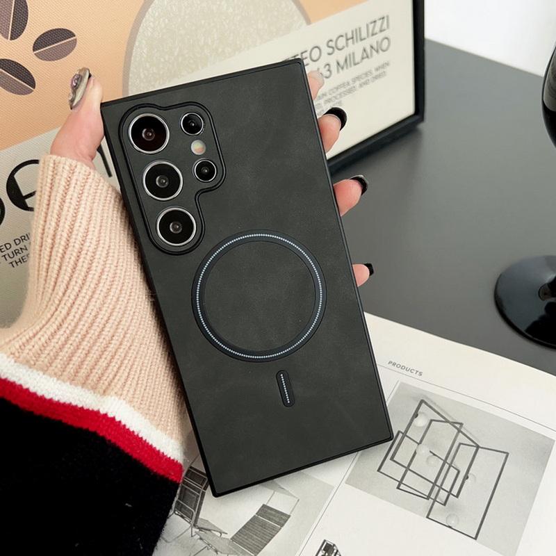 

Для Samsung S25 Ultra S24 S23 S22 Plus чехол для телефона однотонный кожаный матовый ударопрочный тонкий магнитный беспроводной зарядный чехол Samsung S23 Ultra чёрный