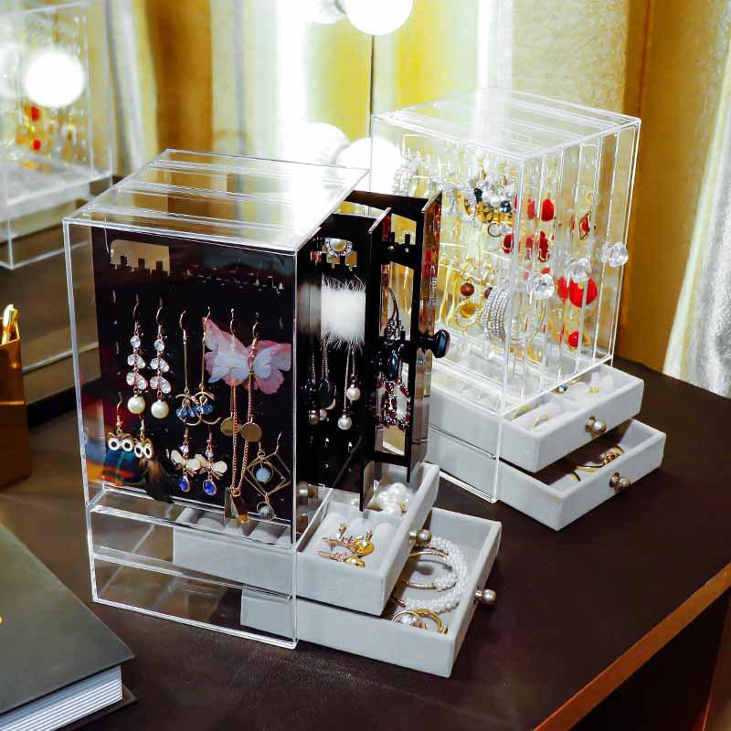 Acrylic Dustproof Earrings & Jewelry Organizer Box with Hanging Rack
