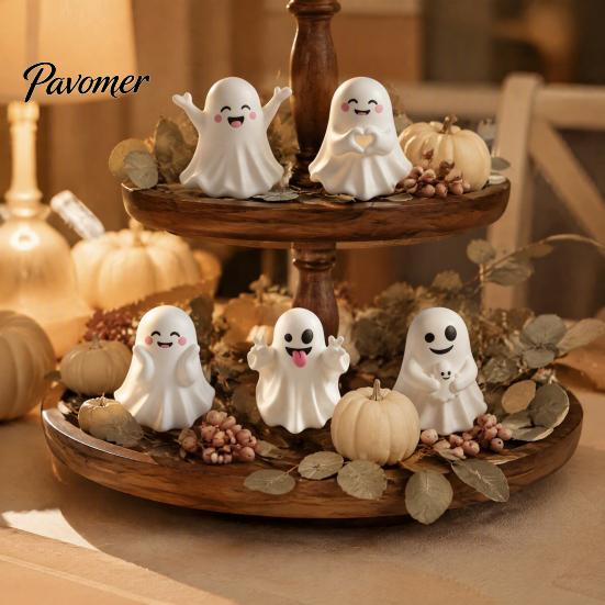 Small Vinyl Ghost Statue Halloween Cute Figurine, Mini Cartoon Statue, Little Spooky Figurine Desktop Ornament for Tiered Tray Home Table Decor