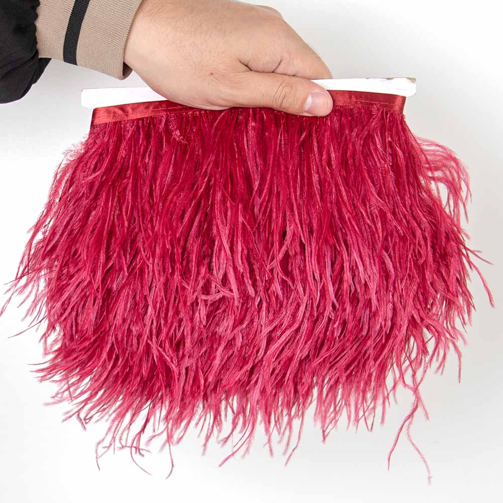 1Meter Red Ostrich Feathers Trim on Tape Ribbon Fringe 8-10cm Fabric Skirt Sewing Trimmings Feather Dress Clothes Decoration
