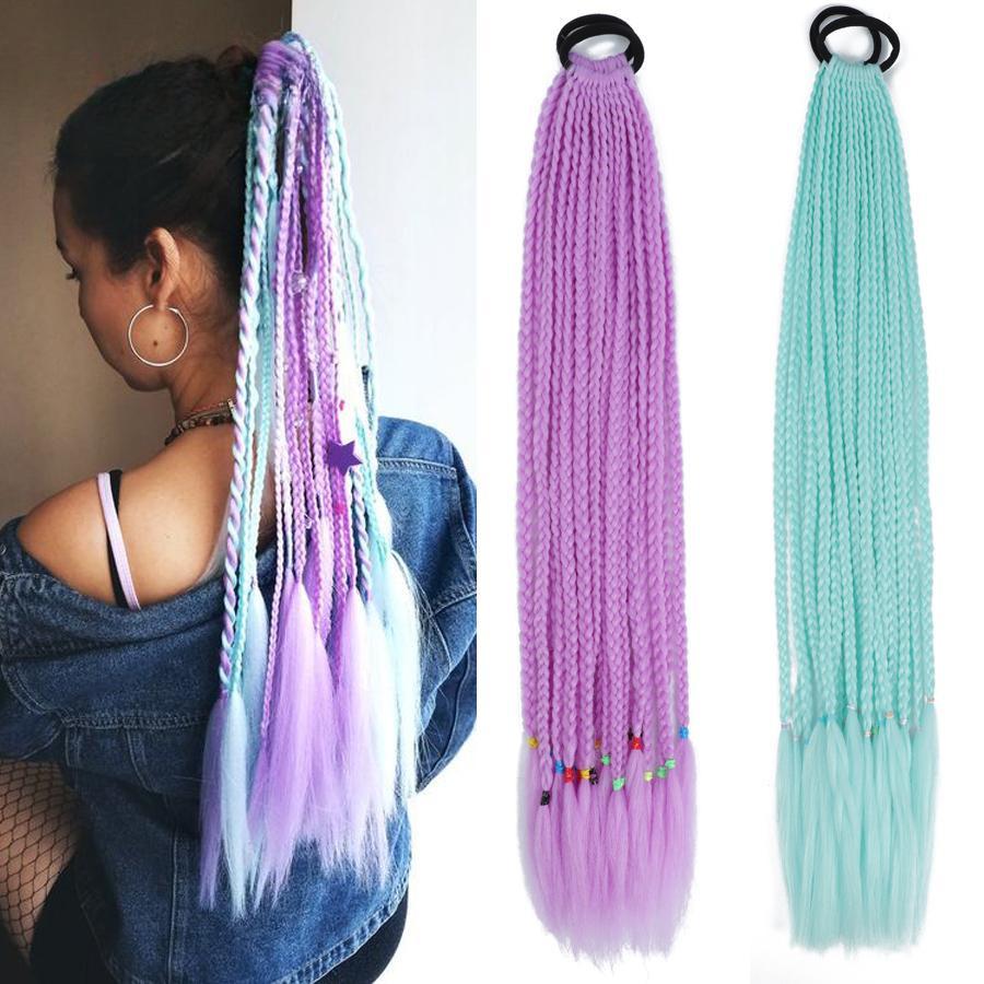 Braided Ponytail With Rubber Band Handmade Black Braided Ponytail Extension Heat Resistant Fiber Pony Tail Hairpieces For Girls KTB