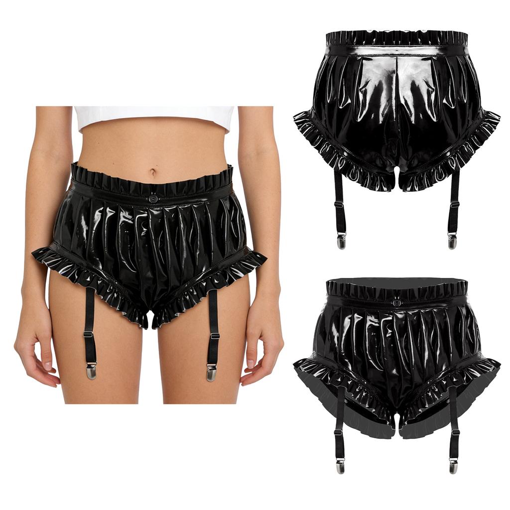 Women's Wet Look PU Leather Briefs S-3XL: Ruffled Trim Ruched Bloomer Shorts with Garter Clips Glossy Nightwear for Nightclub Rave Party
