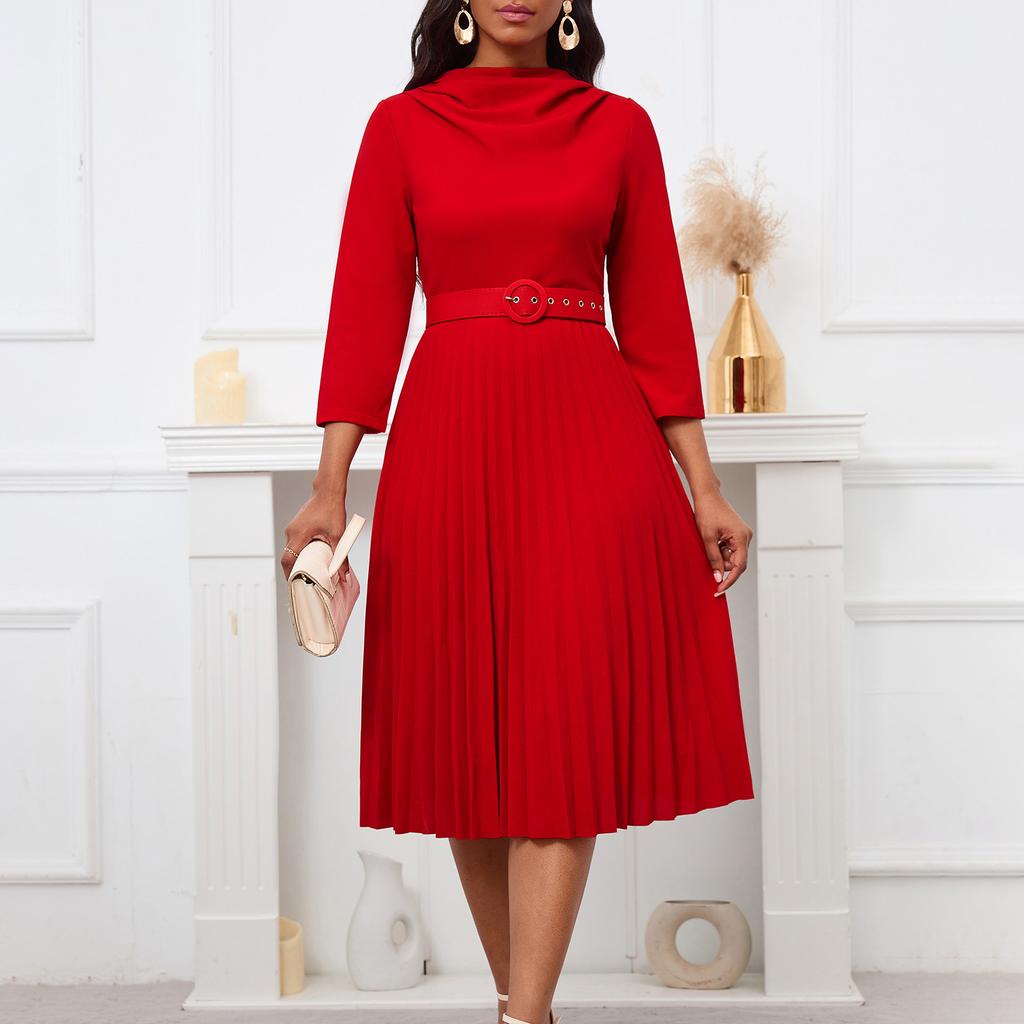 New women's clothing fashion temperament elegant pleated skirt elegant solid color large size dress