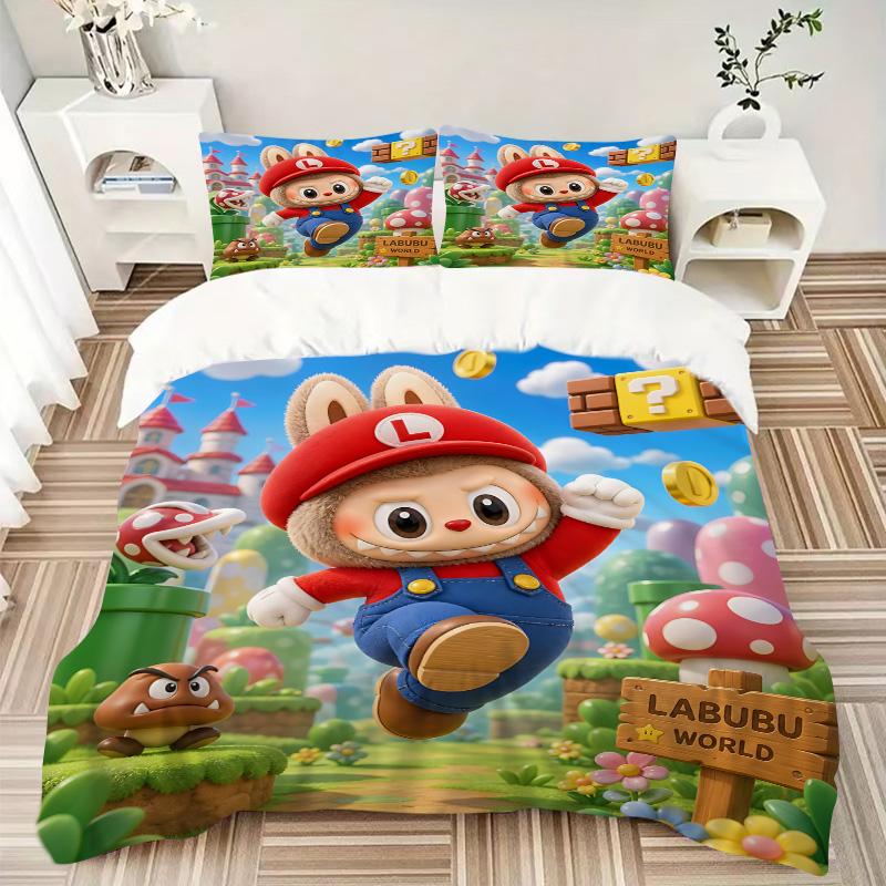 Labubu Super Mario Adventure Print 3Pcs Bedding Set,Duvet Cover with 2 Bedro,Pillowcase Home Birthday Gift