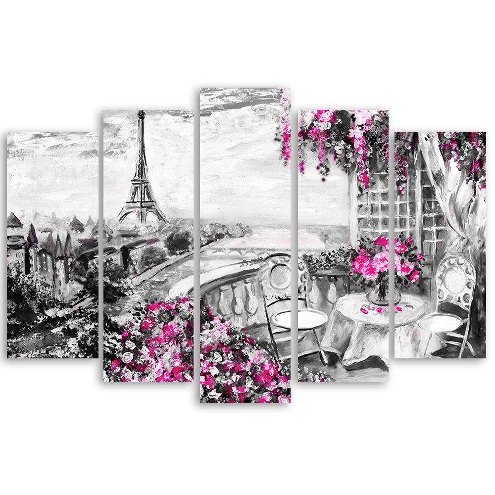 Five piece picture canvas print Paris Eiffel Tower Purple Pastel