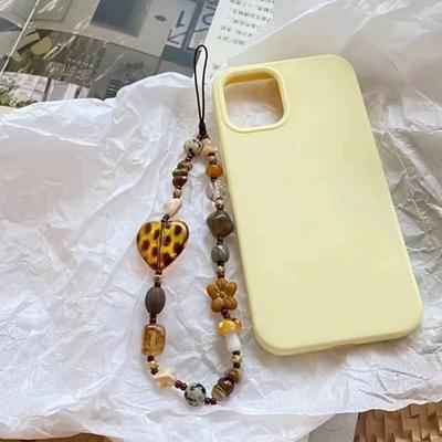 Cute Leopard Heart Beaded Phone Chain Rope Retro Resin Wrist Lanyard Strap Hanging Cord Bracelet Keychain Bag Pendant